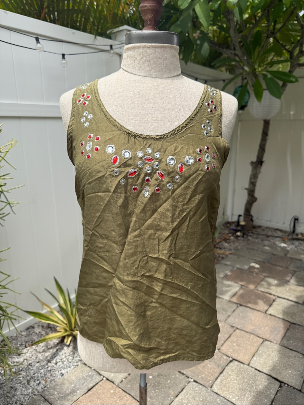 Vintage Silk Olive Embellished Tank Top - Women